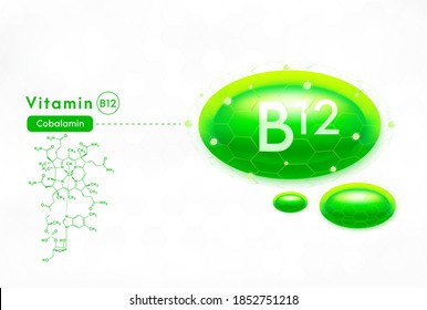 Vitamin B12 green and structure. Medicine capsule. Beauty treatment nutrition skin care design. Vector illustration.