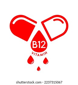 Vitamin B12 icon in capsule red form simple line isolated on a white background. Design for use on web app mobile and print media. Medical symbol concept. Vector EPS10 illustration.