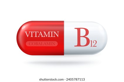 Icono de vitamina B12. Complejo vitamínico cobalamina B. Cápsula de la píldora gota. Ilustración del vector 3d