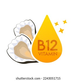 Vitamin B12 icon orange with oyster. Form drop serum simple line isolated on a white background. Design for use in print media. Medical food supplement symbol. Vector EPS10.
