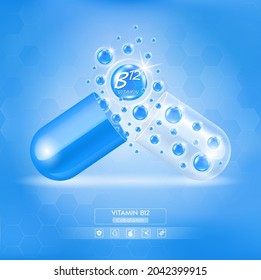 Vitamin B12 icon shining blue. Vitamin complex with Chemical formula. Fruits and vegetables that neutralize free radicals. Health care and beauty treatment nutrition skin care design. 3d Vector EPS10.