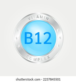Vitamin B12 Icon structure circle blue. silver border. 3D vector EPS10. Pill complex, collagen serum chemical formula. Beauty treatment nutrition skin care design, healthy. Medical, scientific. 