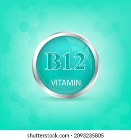 Vitamin B12 icon structure light green substance. Personal care, beauty concept. Medicine health symbol of thiamine. Drug business concept. Vector Illustration 3D vitamin complex with chemical formula
