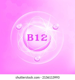 Vitamin B12 icon structure light pink purple, white . Medicine health symbol of thiamine. 3D Vector Illustration. Complex with chemical formula. Personal care, beauty. Drug business concept.