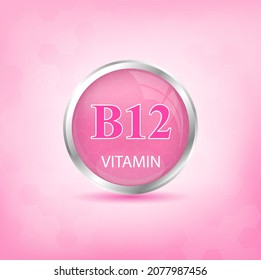 Vitamin B12 icon structure pink. Personal care, beauty concept. Medicine health symbol of thiamine. Drug business concept. Vector Illustration. 3D Vitamin complex with chemical formula. Personal care.