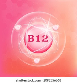 Vitamin B12 icon structure pink yellow substance. Medicine health symbol of thiamine. Vector Illustration. 3D Vitamin complex with chemical formula. Personal care, beauty concept drug business concept