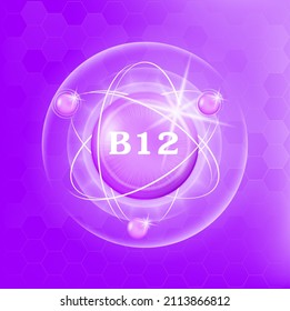Vitamin B12 icon structure purple substance of butterfly pea. Medicine health symbol of thiamine. Drug business concept. Vector Illustration. 3D. Complex with chemical formula. Personal care, beauty.