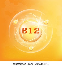 Vitamin B12 icon structure yellow substance. Medicine health symbol of thiamine. Drug business concept. Vector Illustration. 3D Vitamin complex with chemical formula. Personal care, beauty concept. 