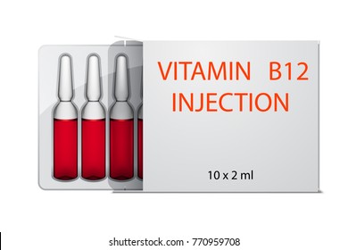 Vitamin B12 Injection Ampoules In Package, Isolated On White