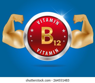 Vitamin B12 label silver badge on blue background - vector eps10