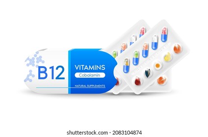 Vitamin B12. Medicine capsule, Blue substance. Fruits and vegetables that neutralize free radicals. With chemical formula. Anti aging beauty enhancement concept and health care. 3D vector EPS10.