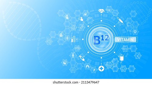 Vitamin B12 and Mineral supplements complex pharmaceutical capsule. Vitamins food sources and functions. Health care and science icon pattern medical innovation. On a blue background. Vector EPS 10.