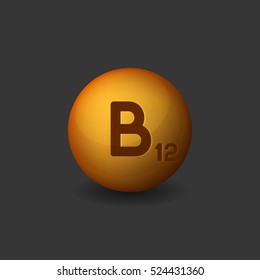 Vitamin B12 Orange Glossy Sphere Icon on Dark Background. Vector