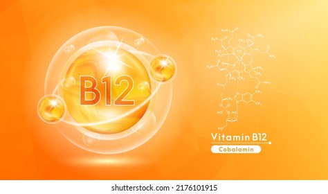 Vitamin B12 orange and structure. Pill vitamins complex and bubble collagen serum chemical formula. Beauty treatment nutrition skin care design. Medical and scientific concepts. 3D Vector EPS10.