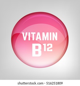 Vitamin B12 pill. Shining glossy circle droplet. Vector illustration in pink and light magenta colours. Medical and pharmaceutical image.