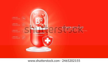Vitamin B12 plus or Cobalamin in red capsule with cross shield on podium. Antibiotic collagen and minerals essential health care. For ads dietary supplements and beauty medical pharmacy. Vector.