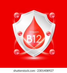 Vitamin B12 red drop inside aluminum shield with atom surround. Minerals and vitamins complex protect the body stay healthy. For nutrition products food. Vector EPS10 illustration.