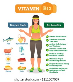 Vitamin B12 rich food illustrated color icons and health benefits list, healthy diet lifestyle informative poster. Vector illustration with healthy full body female.