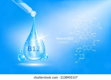 Vitamin B12 serum liquid gel in dropper and structure. Cream collagen complex with chemical formula from nature skin care vitamins. On blue background 3D realistic vector. Medical scientific concept.