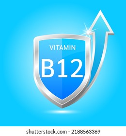 Escudo de vitamina B12 con átomo azul, una flecha hacia arriba. Proteger el cuerpo para mantenerse sano, protegerse de los productos químicos que entran en el cuerpo. Para alimentos de productos nutritivos. Conceptos científicos médicos. Ilustración vectorial 3D.