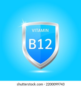 Vitamin B12 shield with blue atom, an up arrow. Protect body stay healthy, protection from chemicals entering body. For nutrition products food. Medical scientific concepts. Vector illustration 3D.