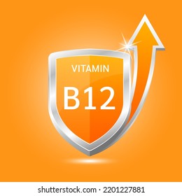 Vitamin B12 shield with orange atom, an up arrow. Protect body stay healthy, protection from chemicals entering body. For nutrition products food. Medical scientific concepts. Vector illustration 3D.