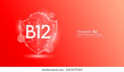 Vitamin B12 shield polygonal translucent red. Immunity boosting vitamins. Medical innovation protect your body healthy. Shield low poly triangle modern futuristic protection. Banner vector.