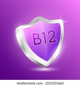 Protector de protección contra la vitamina B12 aislado sobre fondo morado. Proteger el cuerpo para que permanezca sano. Para productos nutricionales, alimentos y medicamentos para la gripe. Conceptos médicos. Ilustración vectorial 3D.