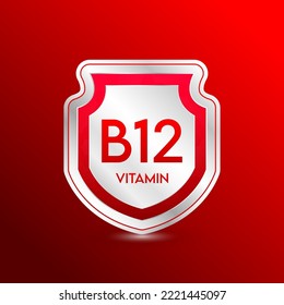 Vitamin B12 shield red. Protect the body stay healthy. For nutrition products food. Metal aluminum label 3d isolated realistic on solid background. Medical scientific concepts. Vector illustration.