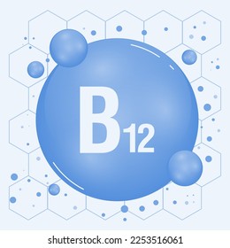 Vitamin B12 glänzende Pilzkapsel Symbol. Vitamin-Komplex mit chemischer Formel, Gruppe B, Cobalamin. Schlackender Stoff fällt ab. Med für Gesundheitsanzeigen. Vektorgrafik