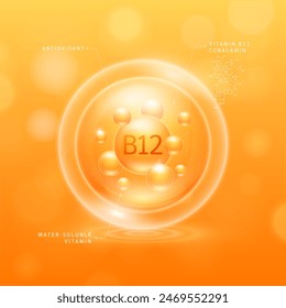 Vitamin B12 Lösung orange und chemische Struktur von Cobalamin. Wasserlösliche Vitamine. Kollagen Serum Hyaluronsäure mit Antioxidantien für hellere Haut. Kosmetische Schönheitsnahrung. Vektorgrafik.