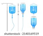 Vitamin B12 solution in saline bag, bottle and syringe hanging on pole. Isolated on white background vector. Serum collagen vitamins IV drip and minerals blue for health. Medical aesthetic concept.