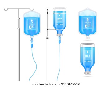 Vitamin B12 Solution In Saline Bag, Bottle And Syringe Hanging On Pole. Isolated On White Background Vector. Serum Collagen Vitamins IV Drip And Minerals Blue For Health. Medical Aesthetic Concept.