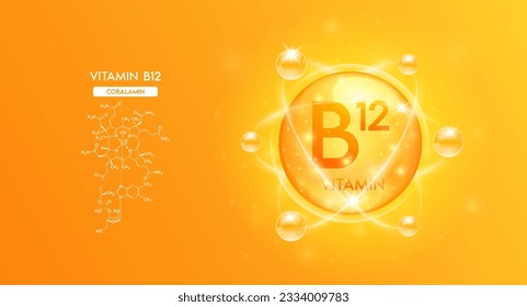 Vitamin B12 with structure chemical formula. Bubble collagen serum orange and Vitamins complex for cosmetics design. Medical concepts. Beauty treatment nutrition skincare. 3D Vector. svg
