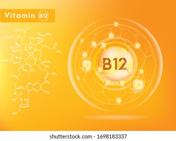 Vitamin B12 and structure. Medicine capsule, Golden substance. 3D Vitamin complex with chemical formula. Personal care and beauty concept. Vector Illustration