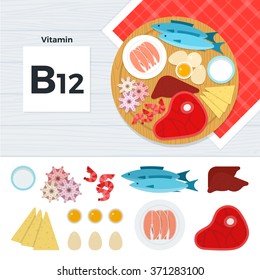 Vitamin B12 vector flat illustrations. Foods containing vitamin B12 on the table. Source of vitamin B12: fish, meat, liver, seafood, eggs, cheese  isolated on white background