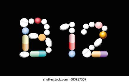 VITAMIN B12 - written with pills, tablets and capsules, symbolic for artificial, synthetic or natural supplement for vegetarians and vegans to prevent lack of vitamins. Illustration, black background.
