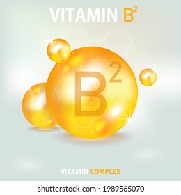 Vitamin B2 in 3d style on gold background. Vitamin drop pill capsule. Isolated vector illustration. Health care. 3d vector illustration. Vector illustration design.