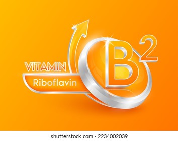 Vitamin B2 in circle shape orange with arrow. Used for designing dietary supplements or beauty products. Medical concepts. Isolated 3d icon. Vector EPS10 illustration.