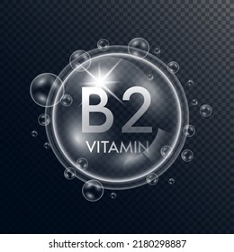 Vitamin B2 collagen in the form of a bubbles transparent with white drops water surround. Isolated 3D Vector. Used for advertising cosmetic products.