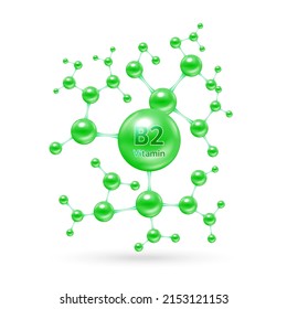 Vitamin B2 complex and minerals in molecular form. Dietary supplement for pharmacy advertisement. Science medic concept. Green vitamin isolated on white background. Vector EPS10.