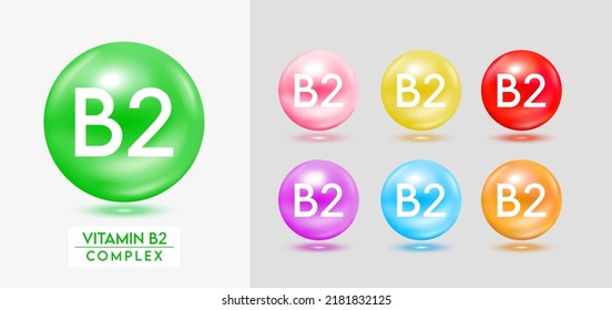 Vitamin B2 complex. Set of colorful balls multivitamins capsules minerals isolated on grey background. Dietary supplement for pharmacy advertisement, package design. Vector EPS10.