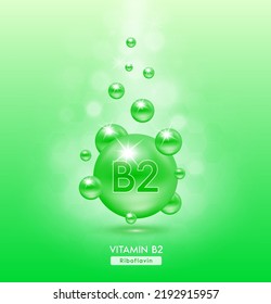 Vitamin B2 grüner Ball fällt zu Boden. Vitamine mit chemischer Formel komplex. Schönheitsbehandlung Ernährung Hautpflege Design. Medizinische Konzepte. 3D-Realistischer Vektorgrafik EPS10.