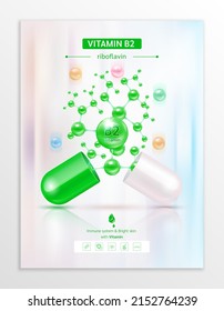 Vitamin B2 green in capsule. Essential vitamins complex and minerals in molecular form. Dietary supplement for pharmacy advertisement. Poster banner design for clinics. Medic concept. Vector EPS10.