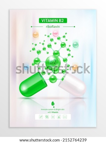 Vitamin B2 green in capsule. Essential vitamins complex and minerals in molecular form. Dietary supplement for pharmacy advertisement. Poster banner design for clinics. Medic concept. Vector EPS10.