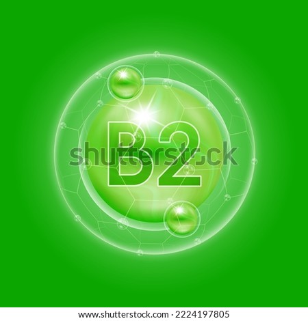 Vitamin B2 green. Vitamins complex and bubble collagen serum chemical formula. For food supplement design and beauty treatment skin care. Medical and scientific concepts. 3D Vector EPS10.