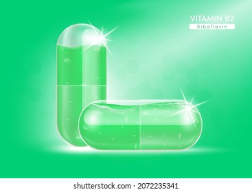 Vitamin B2 green water in capsule. Vitamin complex bright colours with Chemical formula from nature. Health supplement skin care anti-aging and beauty. Medical and scientific. 3D Realistic Vector.