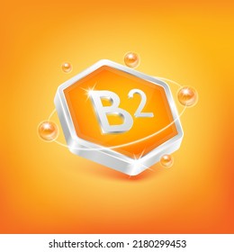 Vitamin B2 in hexagon shape and orange atom. Used for nutrition products food. Medical scientific concepts. Isolated 3D Vector EPS10 illustration.