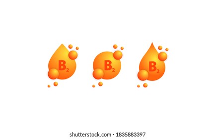 Vitamin B2 icon set. Shining golden drop of substance. Beauty treatment nutrition skin care design. Vitamin complex with chemical formula, group B2, thiamine. Vector on isolated white background.