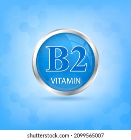 Material azul de la estructura del icono de la vitamina B2. Ilustración de vectores 3D. Cuidados personales, concepto de belleza. Símbolo médico de la tiamina. Concepto de negocio de drogas. Complejo de vitamina con fórmula química. 
